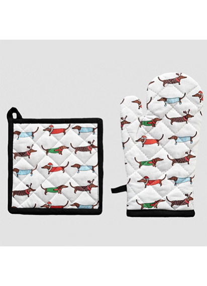 Christmas Sausage Dog Oven Glove and Pot Holder set